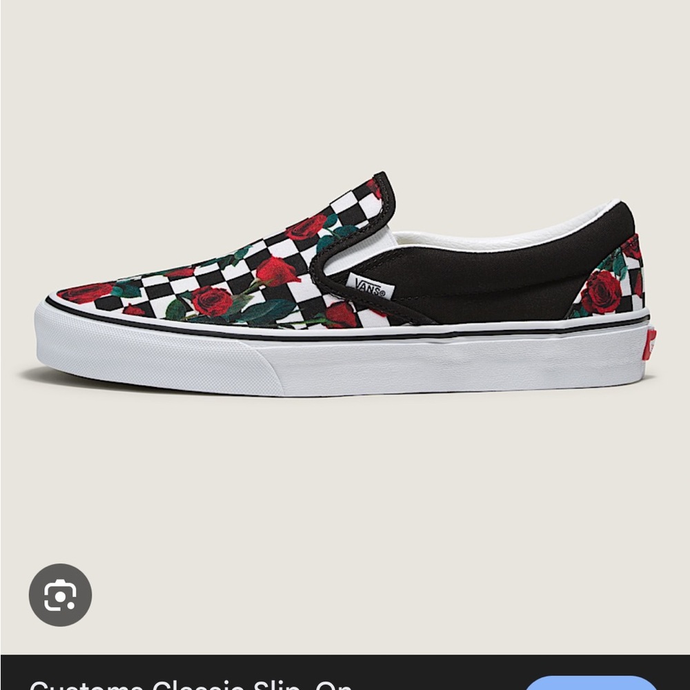 Vans Black and White Rose Checker Slip-Ons